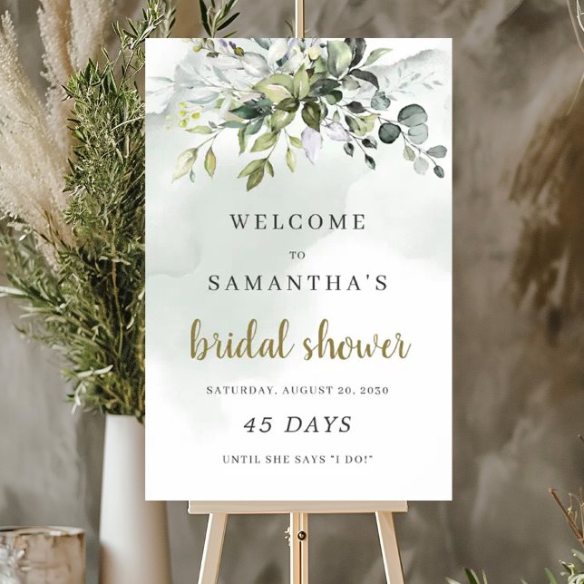 Póster Letrero de cuenta regresiva para despedida de solt (Greenery foliage boho bridal shower countdown sign)