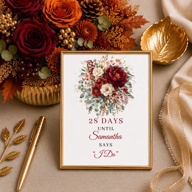 Póster Letrero de cuenta regresiva para fiesta de despedi (Deep red boho floral bridal shower countdown sign

)