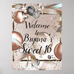 Póster Letrero de cumpleaños con globos de brillo rosa or