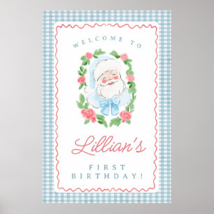 Póster Letrero de cumpleaños de Santa con Gingham Azul y 