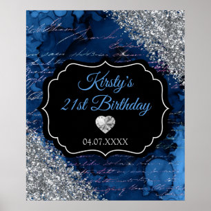 Póster Letrero de cumpleaños de sirena azul con brillo de