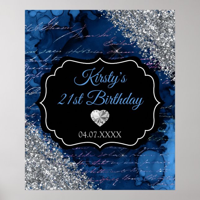 Póster Letrero de cumpleaños de sirena azul con brillo de (Frente)
