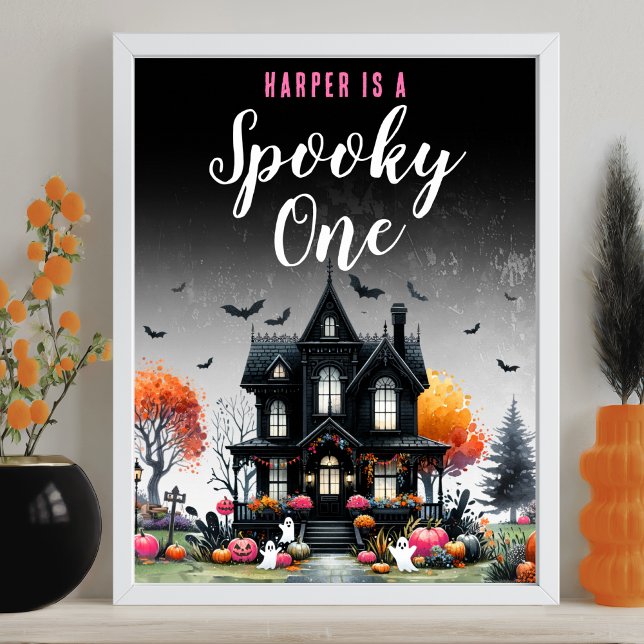 Póster Letrero de Cumpleaños número 1 de Halloween Rosa p (Spooky One Pink Halloween 1st Birthday Party Sign )