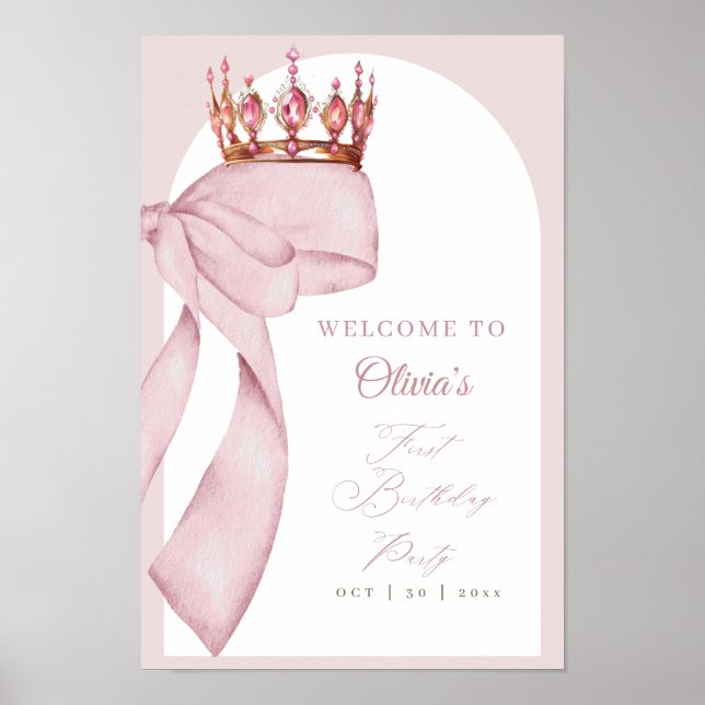 Póster Letrero de cumpleaños número uno con lazo rosa lin (Frente)