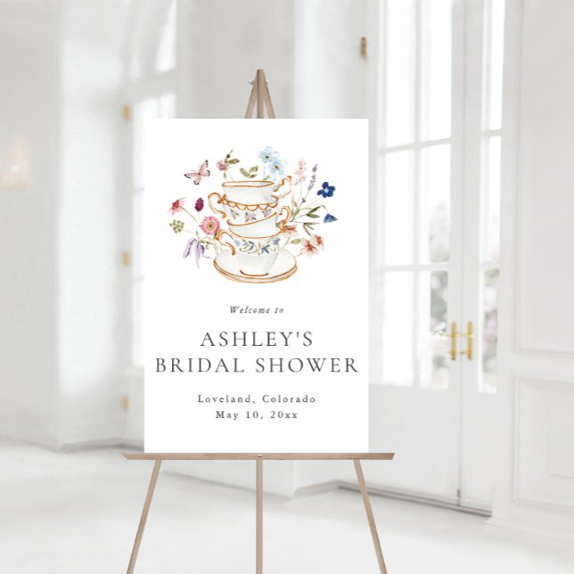 Póster Letrero de Desayuno/almuerzo de Despedida de Solte (Elegant Floral Tea Bridal Shower Sign with Butterfly by Painted Paperie
)