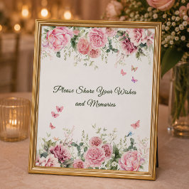 Póster Letrero de Deseos y Recuerdos Florales Blancos