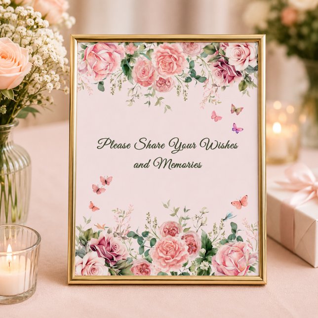 Póster Letrero de Deseos y Recuerdos Rosa Rubor (Blush Pink Wishes & Memories Guest Sign)