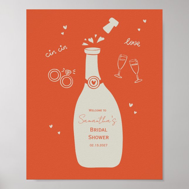 Póster Letrero de Despedida de Soltera con Champán Dibuja (Frente)