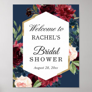 Póster Letrero de Ducha de Novia Floral Azul Rosa Rojo Bo