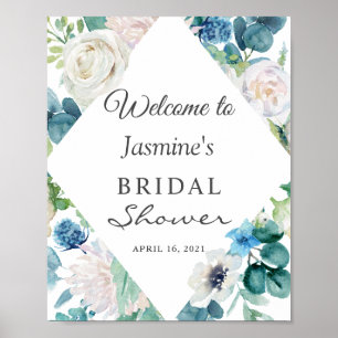 Póster Letrero de Ducha de Novia Floral Verde Azul Blanco
