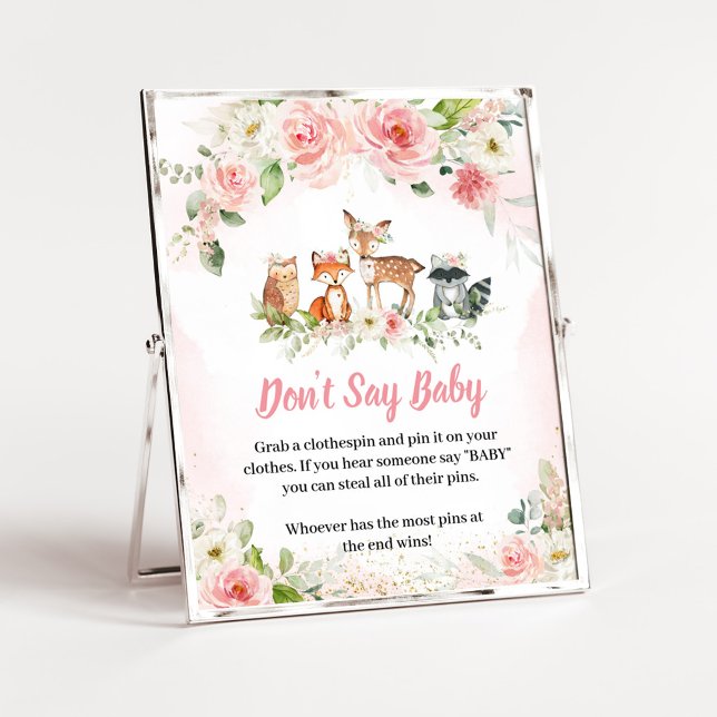 Póster Letrero de Ducha Floral Rosa de Bosque No Digas Be (Girl Woodland Animals Baby Shower Don't Say Baby Sign)