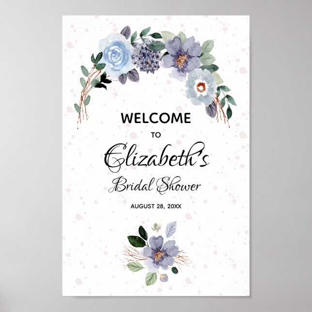 Póster Letrero de Ducha Nupcial Floral Acuarela Elegante (Frente)