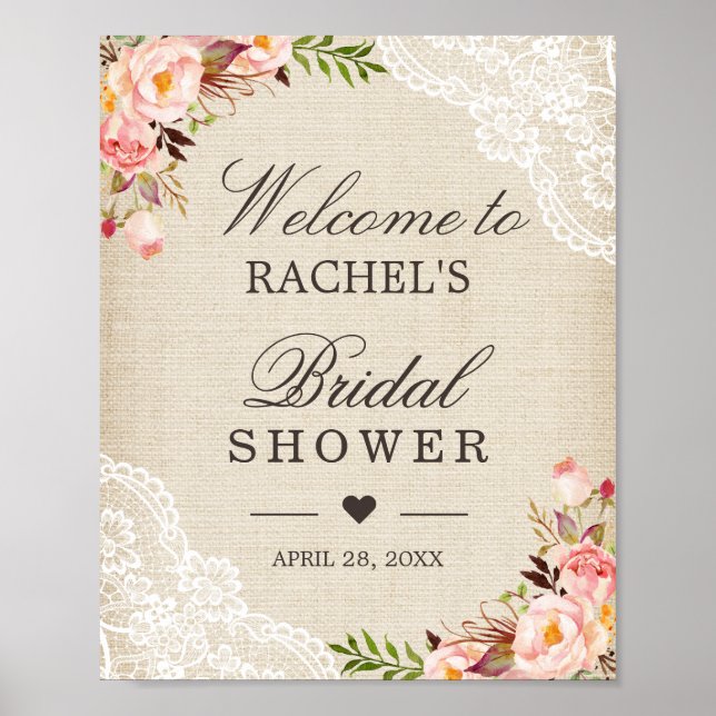 Póster Letrero de ducha nupcial floral de encaje de arpil (Frente)