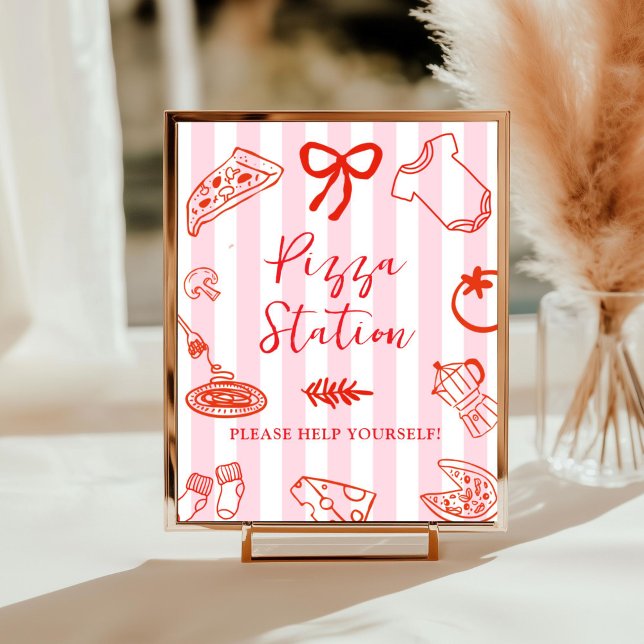 Póster Letrero de Estación de Pizza Slice Slice Baby (Red and Pink Pizza station baby shower sign)