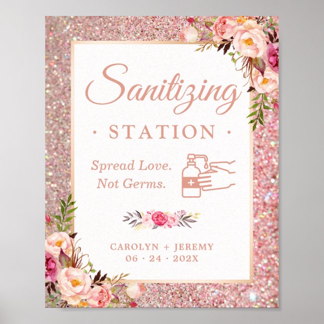 Póster Letrero de Estación de Sanitización de Boda Floral (Frente)