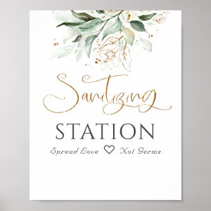Póster Letrero de estación de sanitización follaje verde 