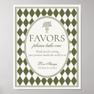 Póster Letrero de Favor de Boda a Cuadros Arlequín Verde