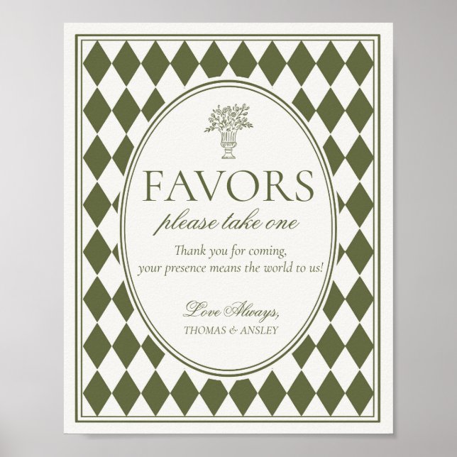 Póster Letrero de Favor de Boda a Cuadros Arlequín Verde  (Frente)