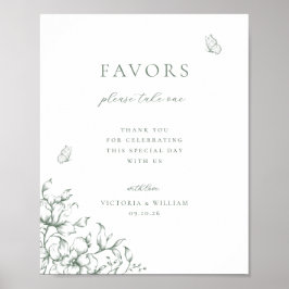 Póster Letrero de Favor de Boda Floral Verde Salvia