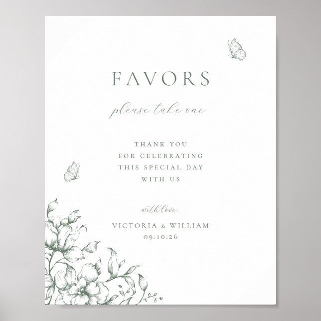 Póster Letrero de Favor de Boda Floral Verde Salvia (Frente)