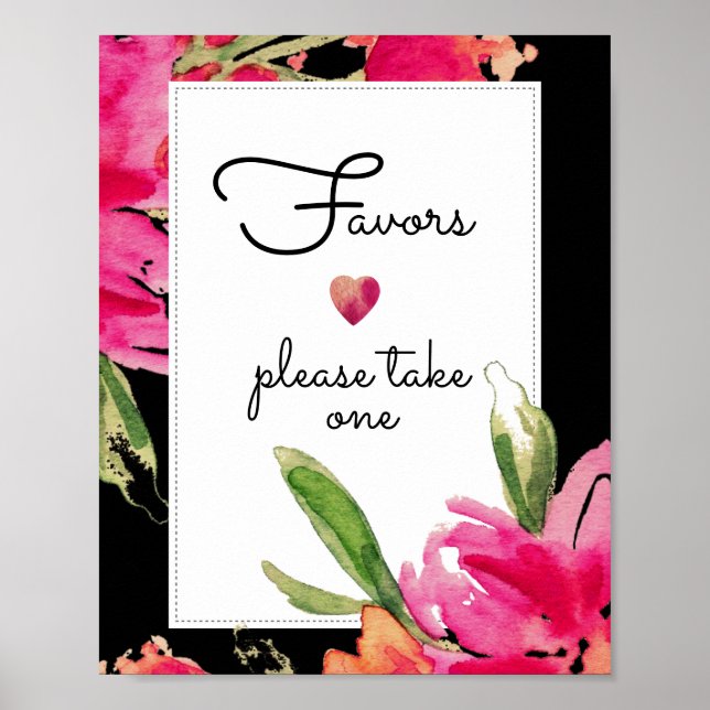 Póster Letrero de Favor de Boda | Flores Acuarela Fuchsia (Frente)