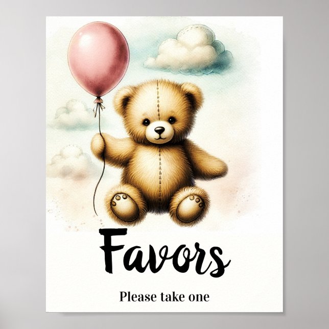 Póster Letrero de Favor de Cumpleaños Globo Rosa de Osito (Frente)