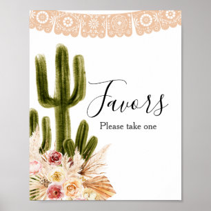 Póster Letrero de Favor de Flores Rosadas de Cactus Boho 