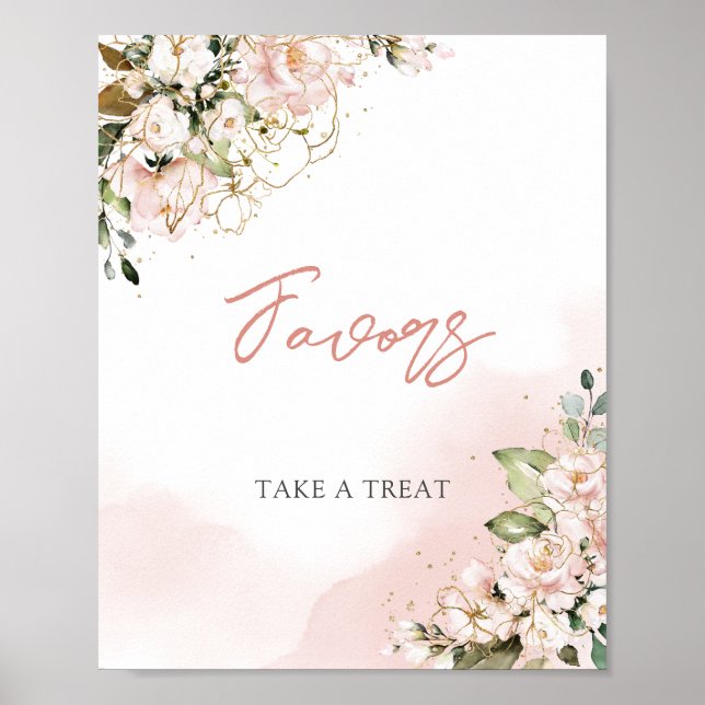 Póster Letrero de favores boho dorado floral rosa moderno (Frente)