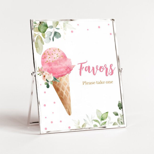 Póster Letrero de favores de baby shower de helado rosa (Girl Ice Cream Baby Shower Favor Sign)