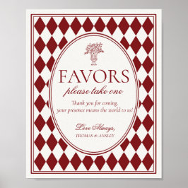 Póster Letrero de favores de boda con cuadros de arlequín