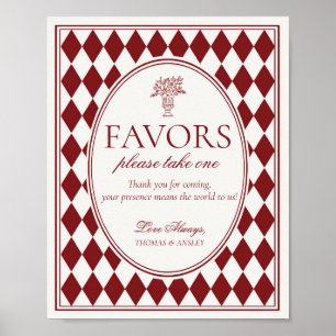 Póster Letrero de favores de boda con cuadros de arlequín