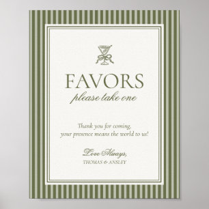 Póster Letrero de favores de boda con rayas verdes de Mar
