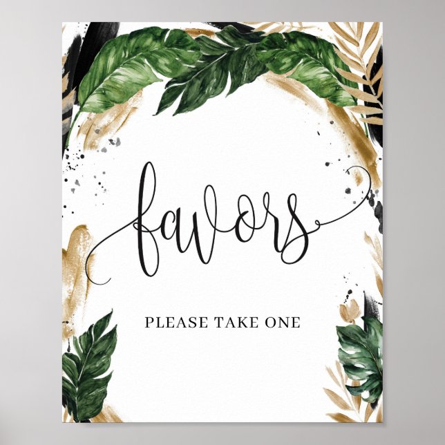 Póster Letrero de favores de boda floral hojas tropicales (Frente)