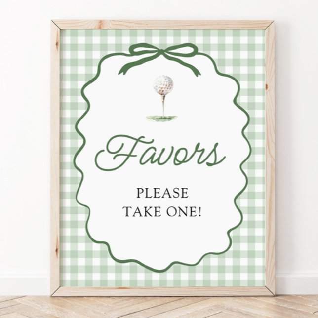 Póster Letrero de Favores de Golf con Moño de Cuadros Ver (Sage Green Gingham Bow Golf Favors Sign)