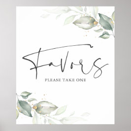 Póster Letrero de favores de hojas doradas y verde acuare