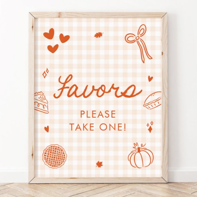 Póster Letrero de favores de naranja a cuadros otoñal Cut (Fall Orange Gingham Cutie Pie Favors Sign)