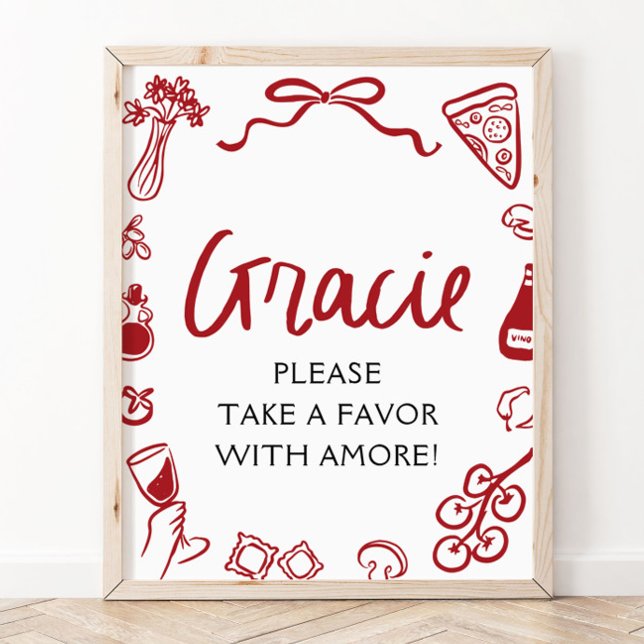 Póster Letrero de Favores de Pizza y Pasta Dibujado a Man (Red Italian Hand Drawn Pizza Pasta Favors Sign)