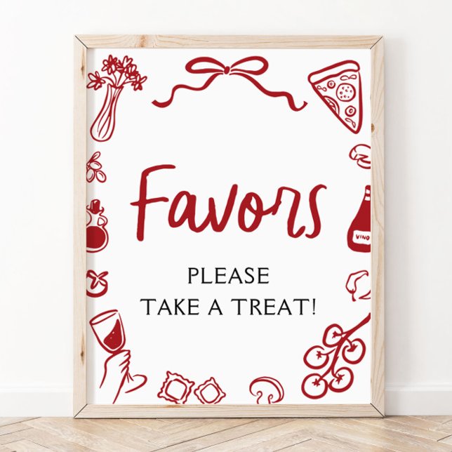 Póster Letrero de Favores de Pizza y Pasta Dibujado a Man (Red Italian Hand Drawn Pizza Pasta Favors Sign)