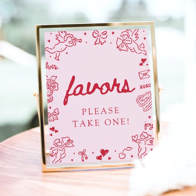 Póster Letrero de favores de San Valentín moderno rosa di (Modern Pink Hand Drawn Valentine Favors Sign)