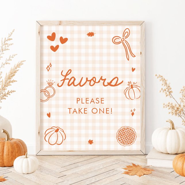 Póster Letrero de Favores Dibujados a Mano en Gingham Nar (Fall Orange Gingham Hand Drawn Favors Sign)
