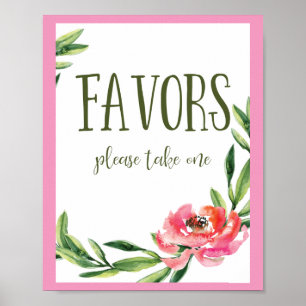 Póster Letrero de favores florales de acuarela rosa y ver