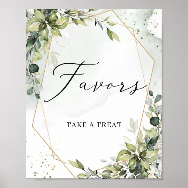 Póster Letrero de favores geométricos dorados con hojas d (Frente)