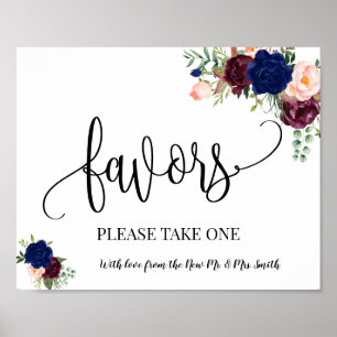 Póster Letrero de favores para boda boho chic navy