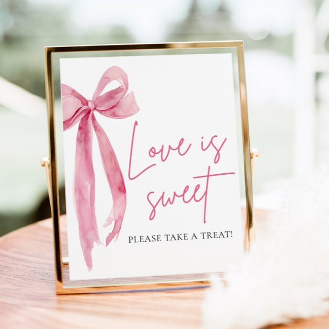 Póster Letrero de Favorito de Arco Rosa Amor es Dulce Tra (Blush Pink Bow Love is Sweet Treat Favor Sign)