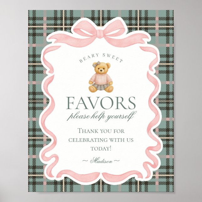 Póster Letrero de Favoritos de Fiesta de Oso con Lazo Coq (Frente)