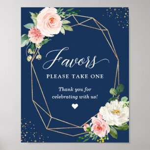 Póster Letrero de Favoritos Florales Rosados Azul Marino