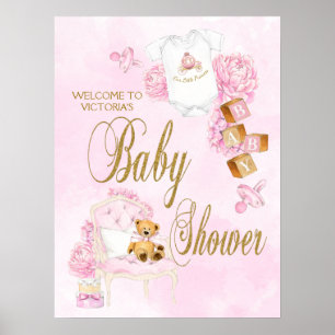 Póster Letrero de Fiesta de Bebé en Acuarela Rosa Dorado 