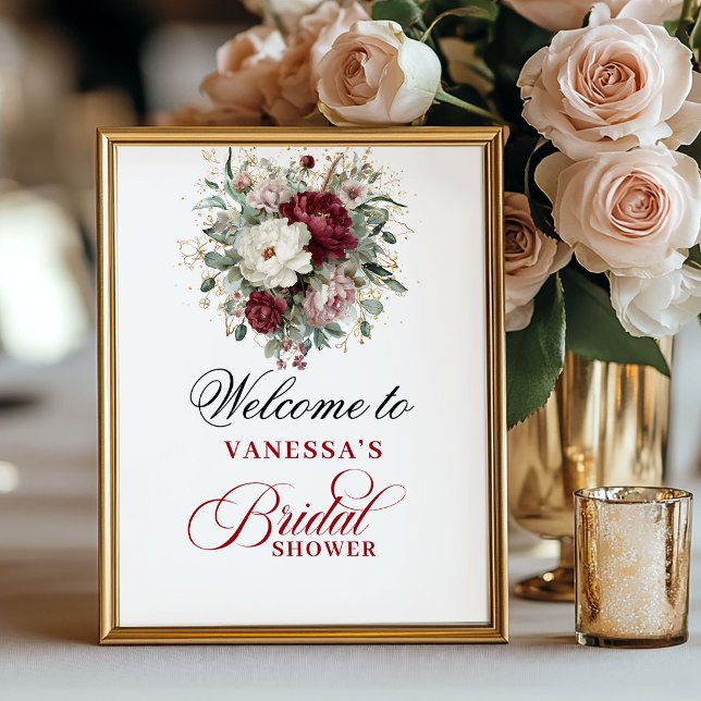 Póster Letrero de Fiesta de Despedida de Soltera Borgoña  (Eucalyptus Blush Burgundy Bridal Shower Sign)