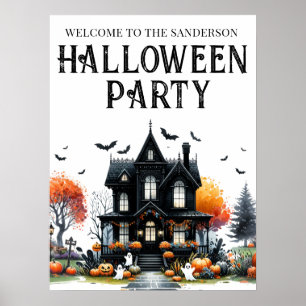 Póster Letrero de Fiesta de Halloween en Casa Embrujada