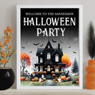 Póster Letrero de Fiesta de Halloween en Casa Embrujada